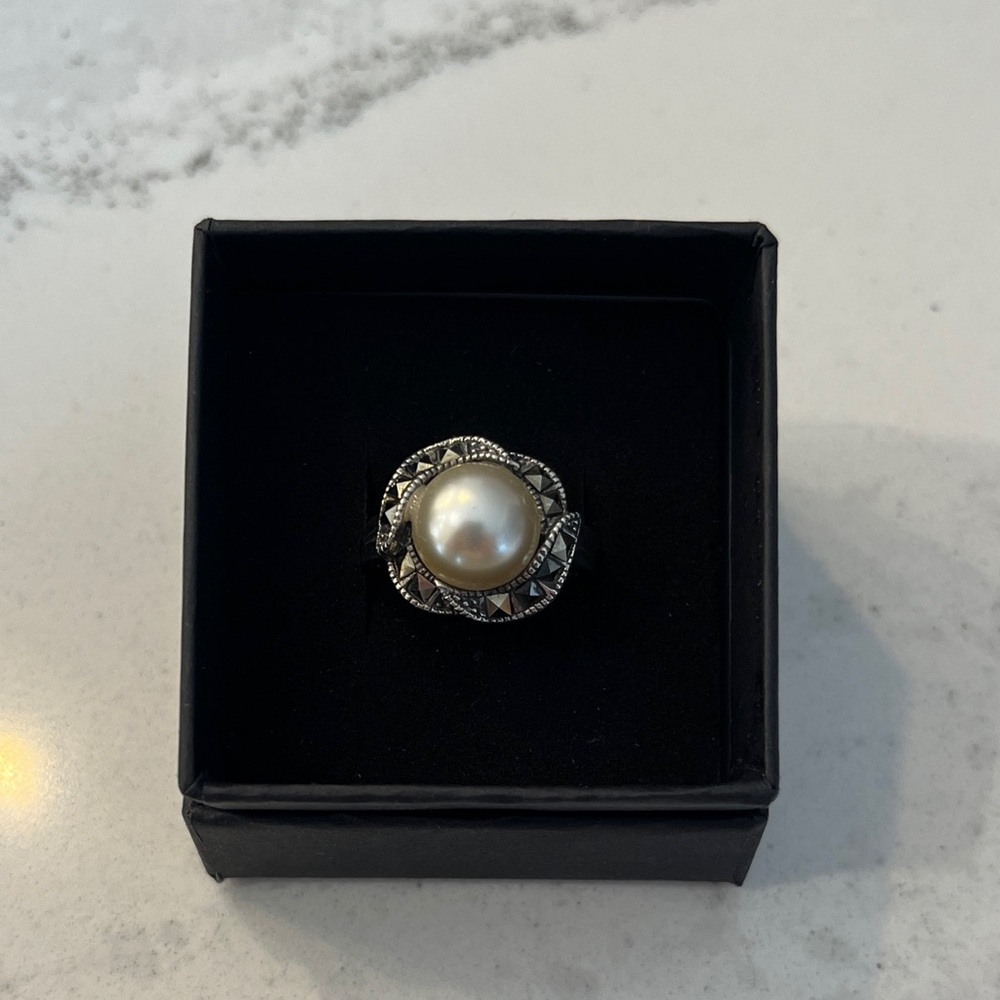 Sterling Silver Faux Pearl Statement Ring with Ornate Detailing - White Pearl